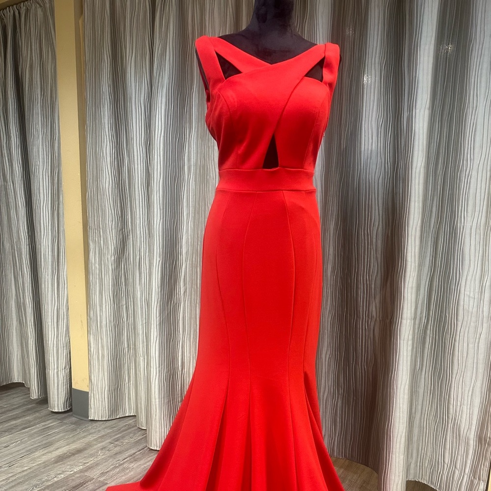 Jovani red jersey fit and flare with v neck and cross cross in back